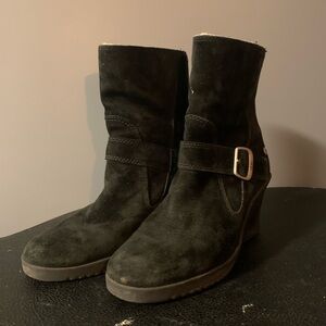 UGG Gissella Black Suede Wedge Ankle Boots with Buckle